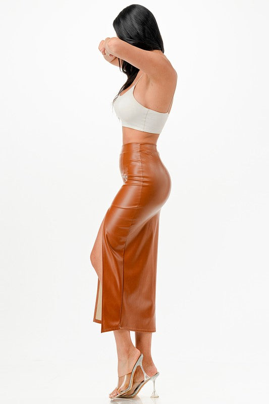 Long Faux Leather Pencil Slit Skirt