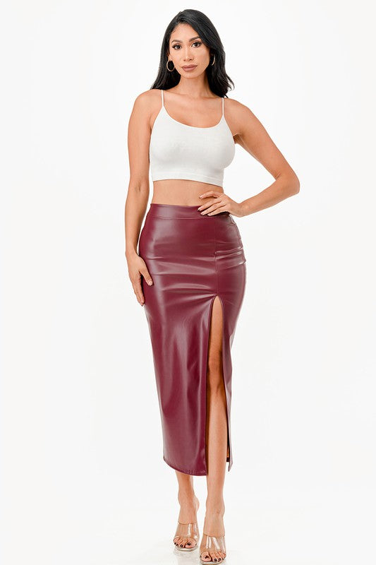 Long Faux Leather Pencil Slit Skirt