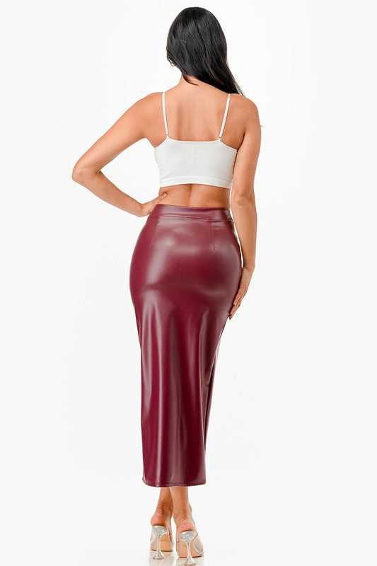Long Faux Leather Pencil Slit Skirt