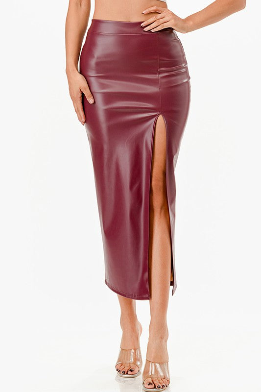 Long Faux Leather Pencil Slit Skirt