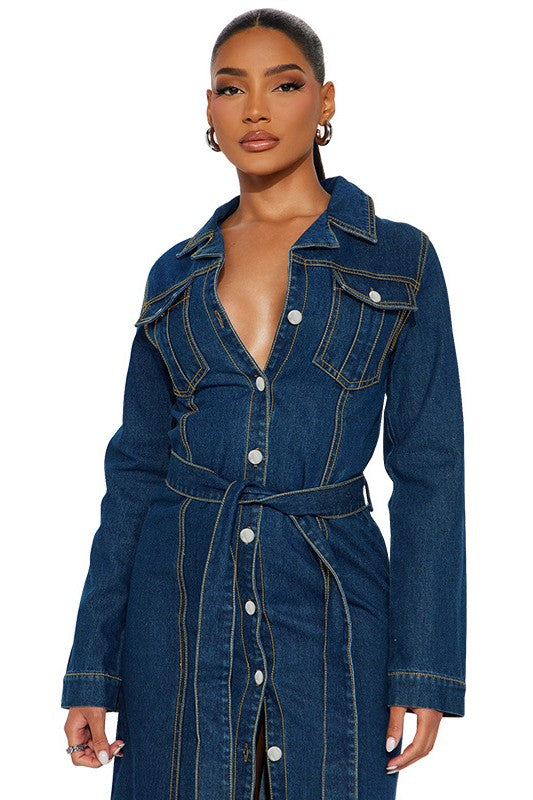 DAMEN MODISCHES LANGES MAXIKLEID AUS DENIM