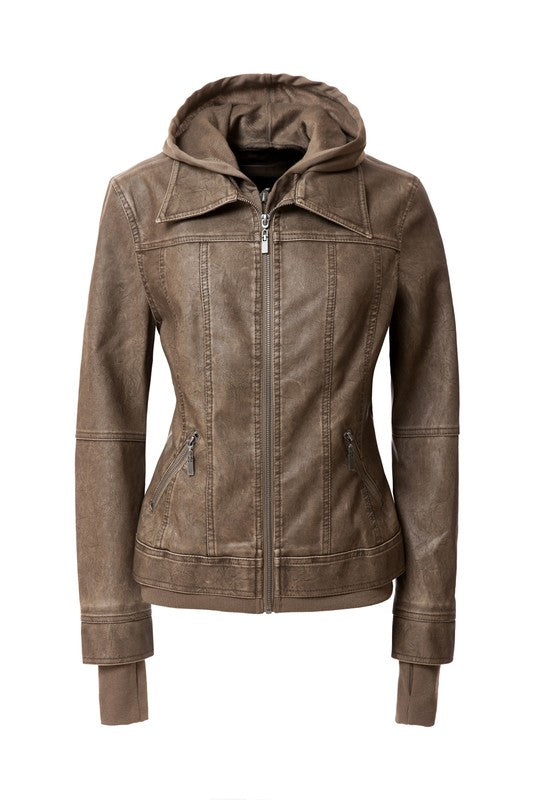 Damen PU-Lederjacke mit Kapuze