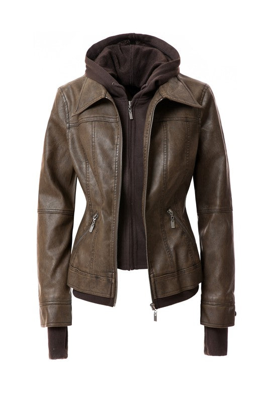 Damen PU-Lederjacke mit Kapuze