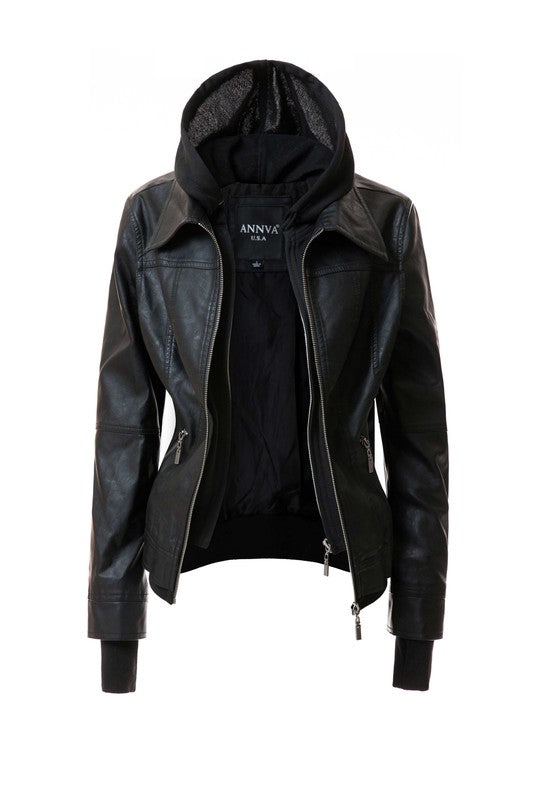 Damen PU-Lederjacke mit Kapuze