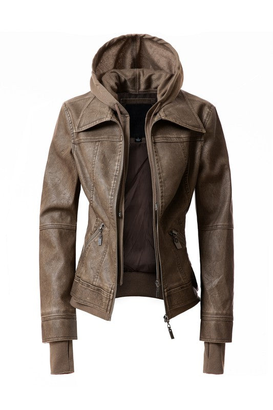 Damen PU-Lederjacke mit Kapuze