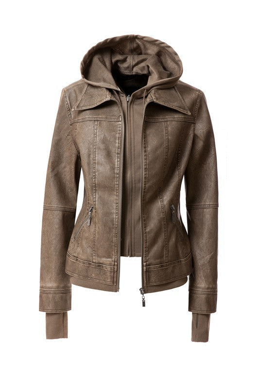 Damen PU-Lederjacke mit Kapuze