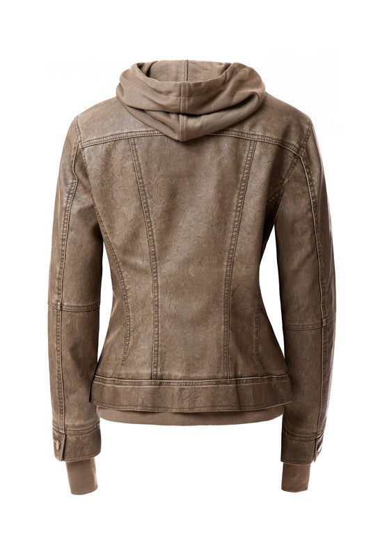 Damen PU-Lederjacke mit Kapuze