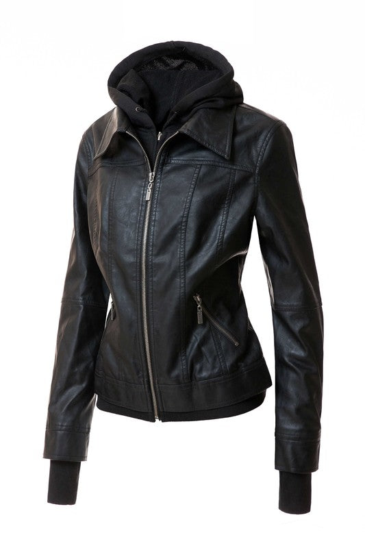 Damen PU-Lederjacke mit Kapuze