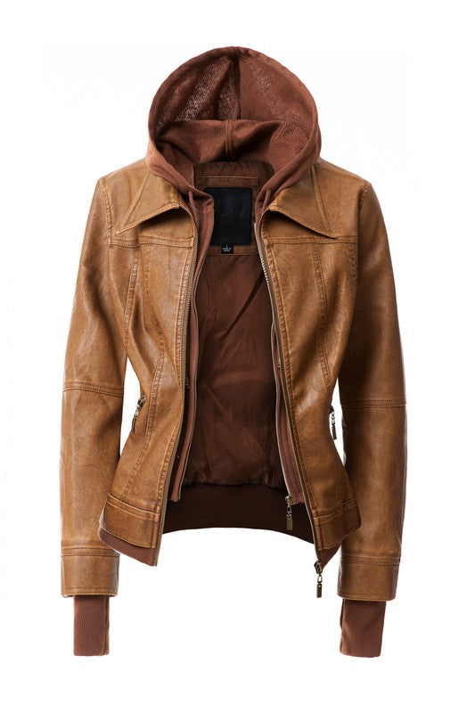 Damen PU-Lederjacke mit Kapuze