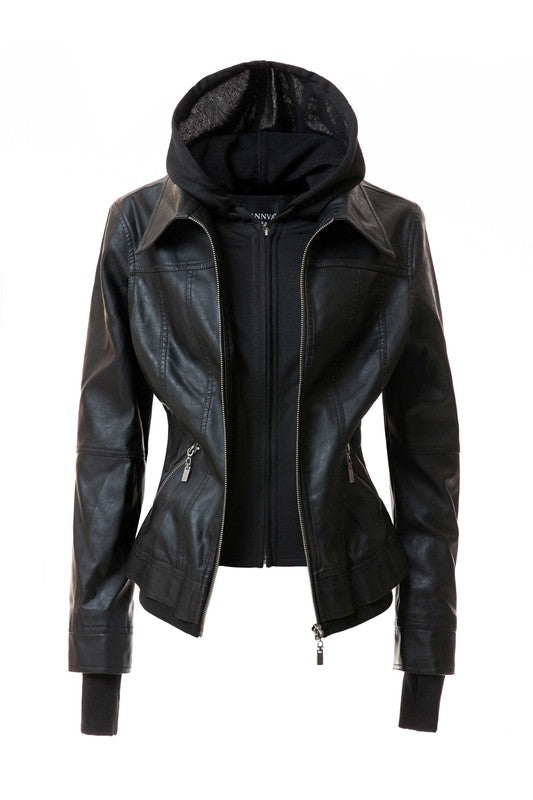 Damen PU-Lederjacke mit Kapuze