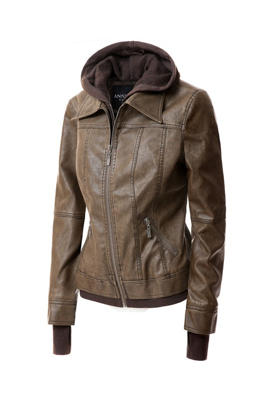 Damen PU-Lederjacke mit Kapuze