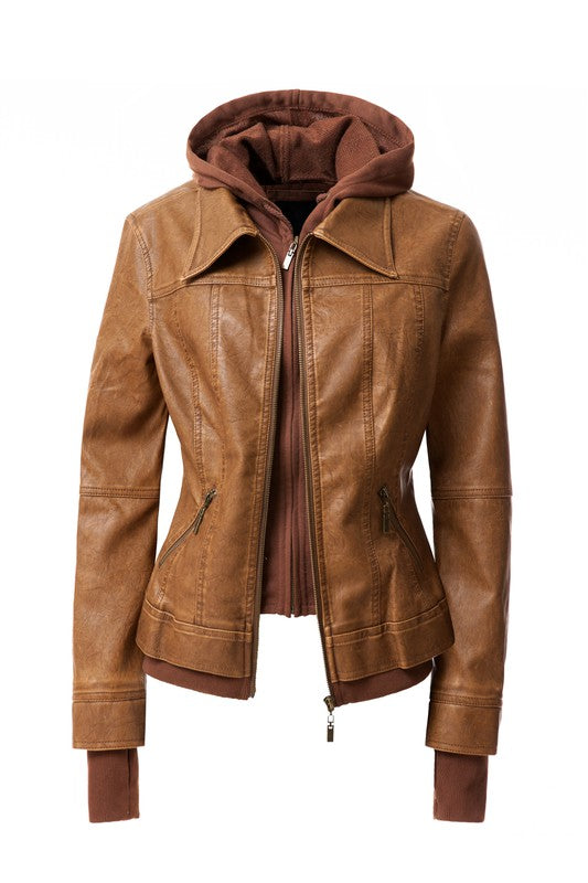 Damen PU-Lederjacke mit Kapuze