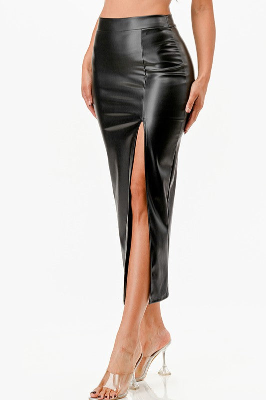 Long Faux Leather Pencil Slit Skirt