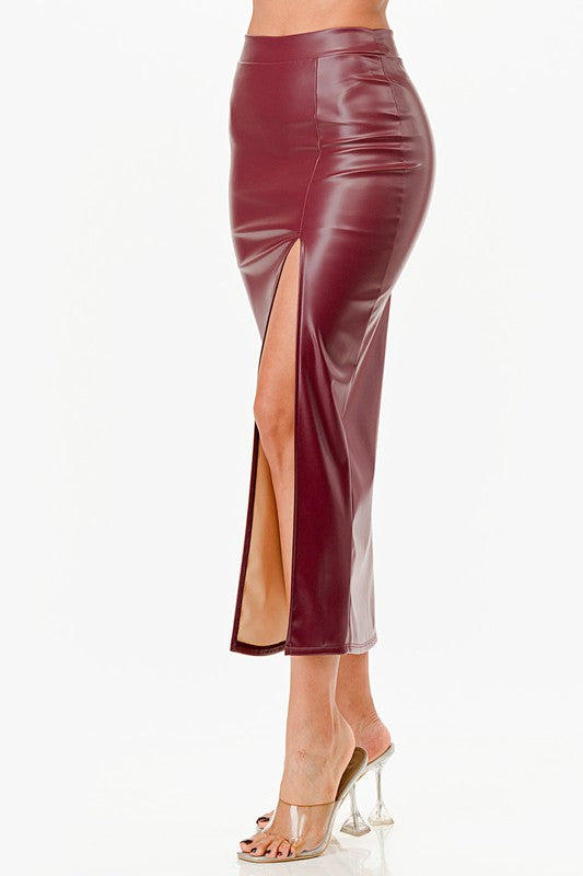 Long Faux Leather Pencil Slit Skirt