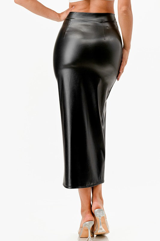 Long Faux Leather Pencil Slit Skirt