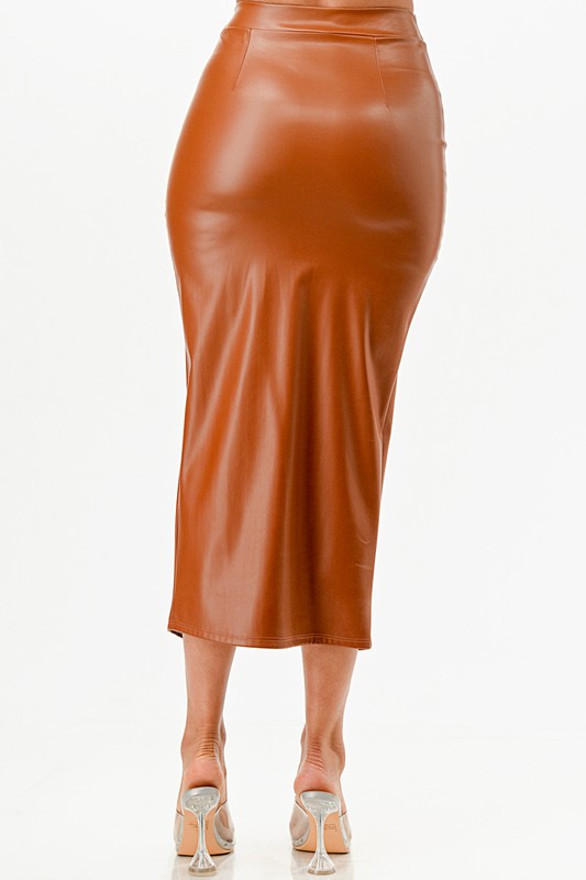 Long Faux Leather Pencil Slit Skirt