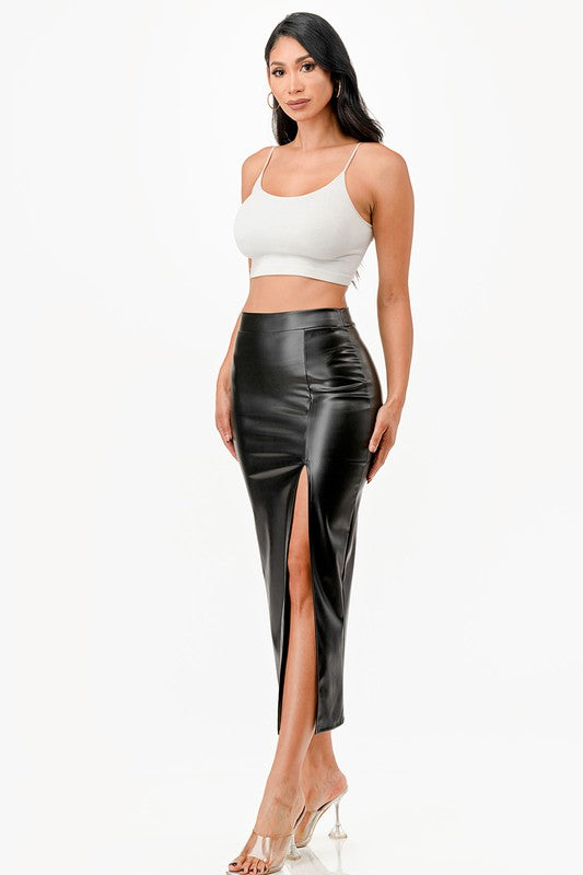 Long Faux Leather Pencil Slit Skirt