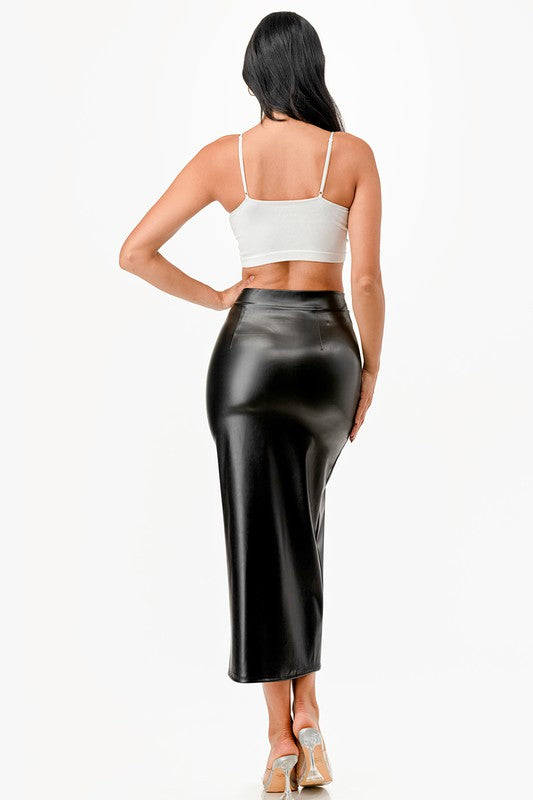 Long Faux Leather Pencil Slit Skirt