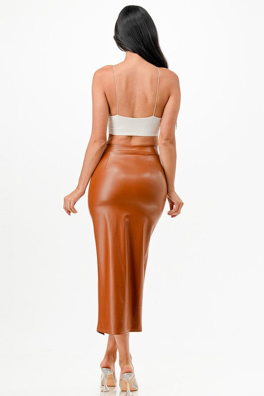 Long Faux Leather Pencil Slit Skirt