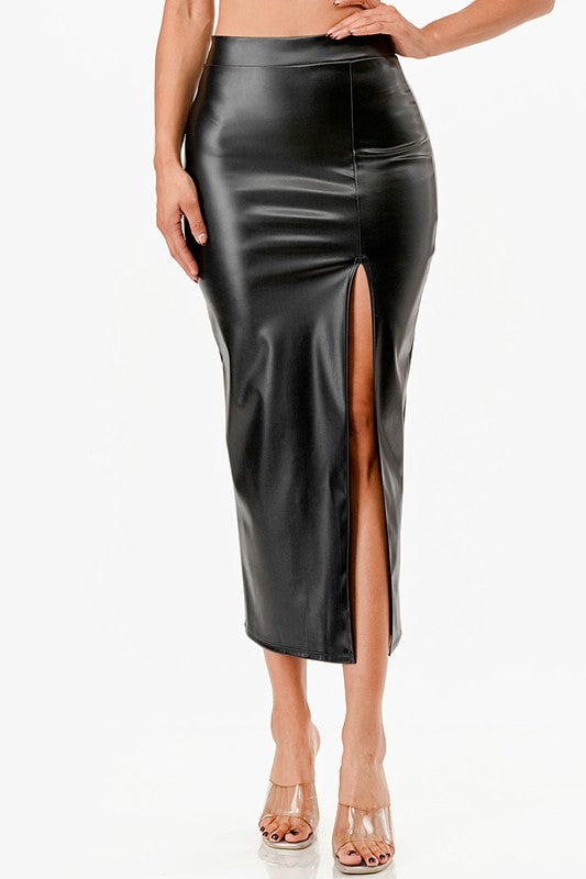 Long Faux Leather Pencil Slit Skirt